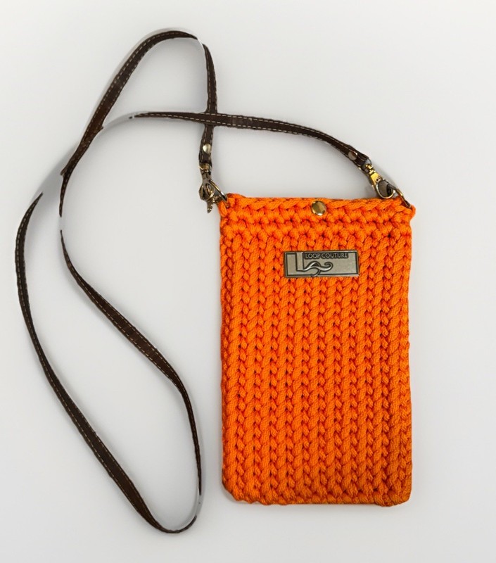 Handmade Crochet Orange Crossbody Phone Pouch | Loop Couture Small Bag