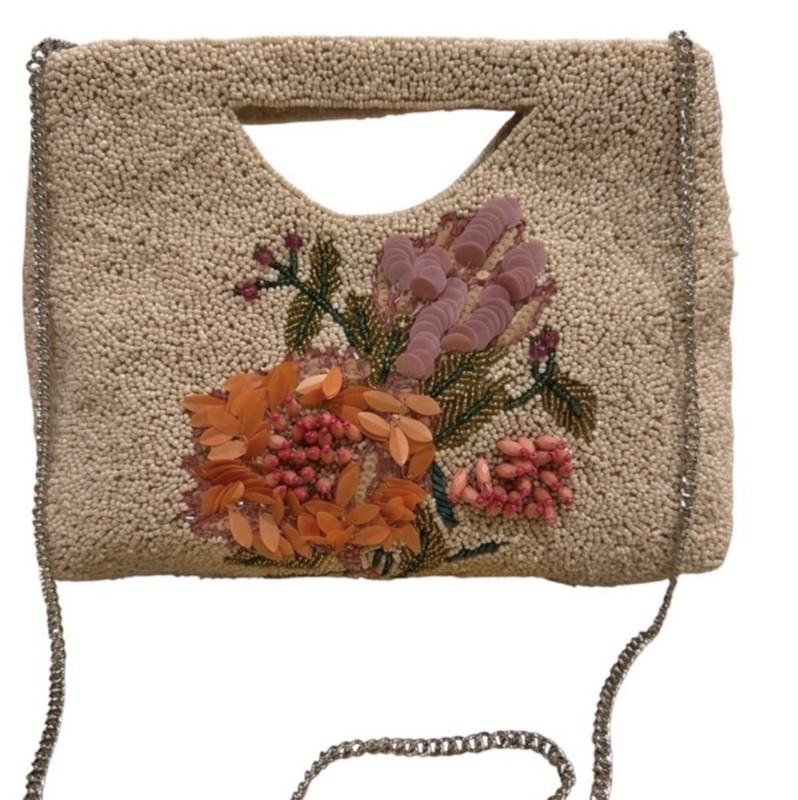 Handmade Beaded Embroidered Sequined Flamingo Floral Top Handle Clutch w/ Chain gallery