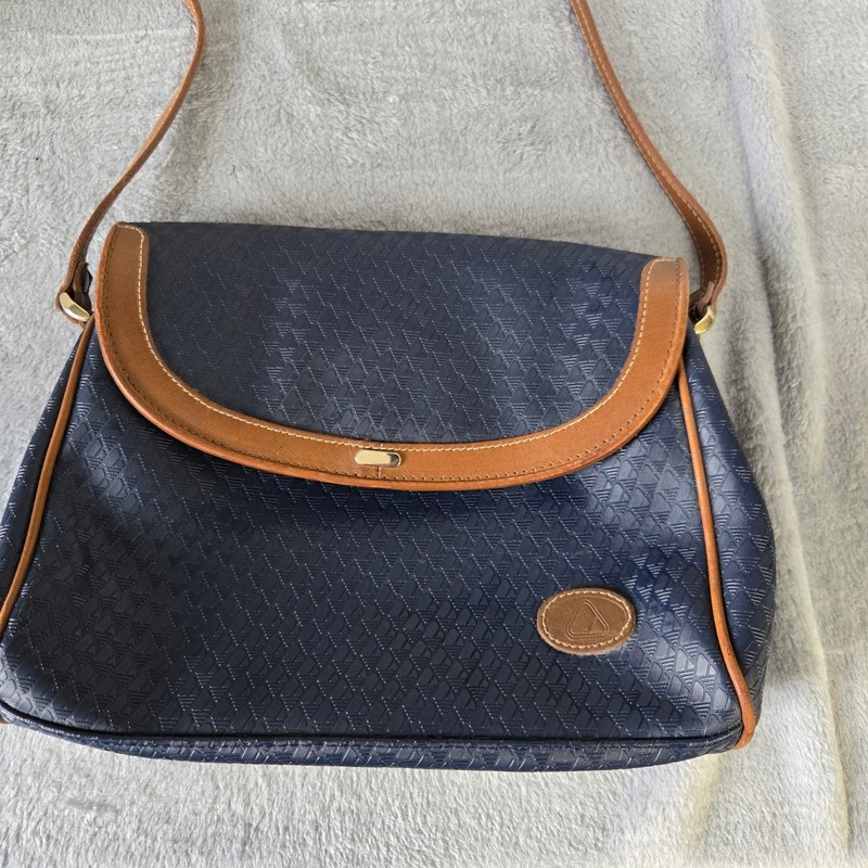 Vintage Liz Claiborne Navy Blue Crossbody Bag Tan Leather Trim 1988 Preppy