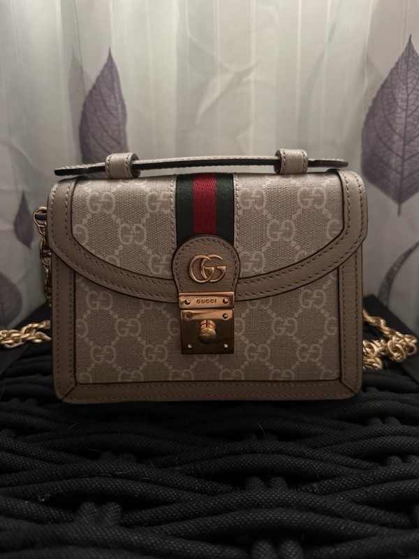 Gucci Ophidia Mini GG Top Handle Bag Detachable Strap Web Stripe Gold