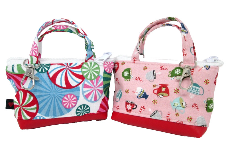 2 Mini Tote Bags Coin Purse Keychain Wallet Christmas HANDMADE USA Charm
