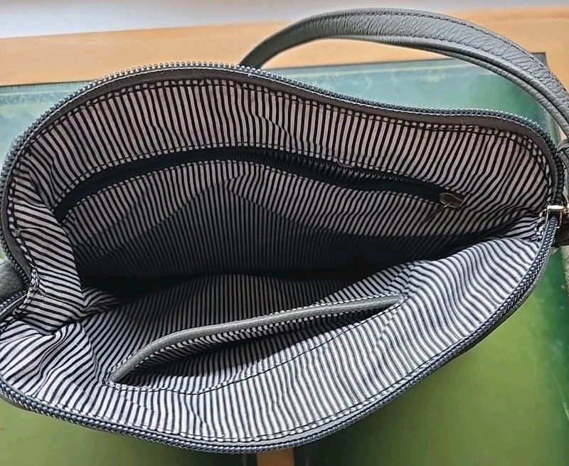 Faux Leather Crossbody Purse Shoulder Bag 10" X 9 1/2" Gray Beige Color Block gallery