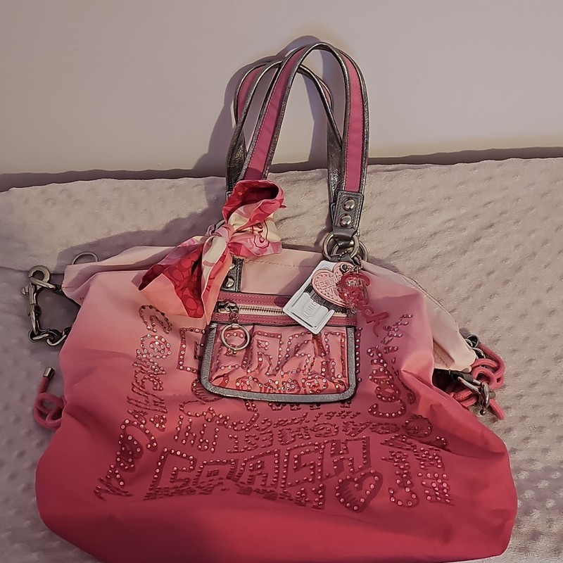 Coach Pink Rhinestone Logo Shoulder Bag with Scarf, Heart Charm, Silver Handles