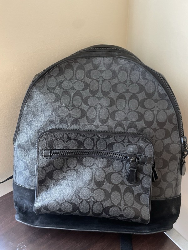 Coach Signature Gray/Black Zip Backpack with Outer Pockets, Black Straps