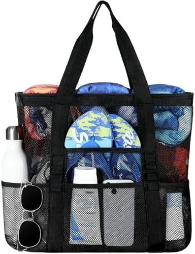 Tavaleu Mesh Beach Bag – Large Beach Tote with Multi Functional Pockets for Fami