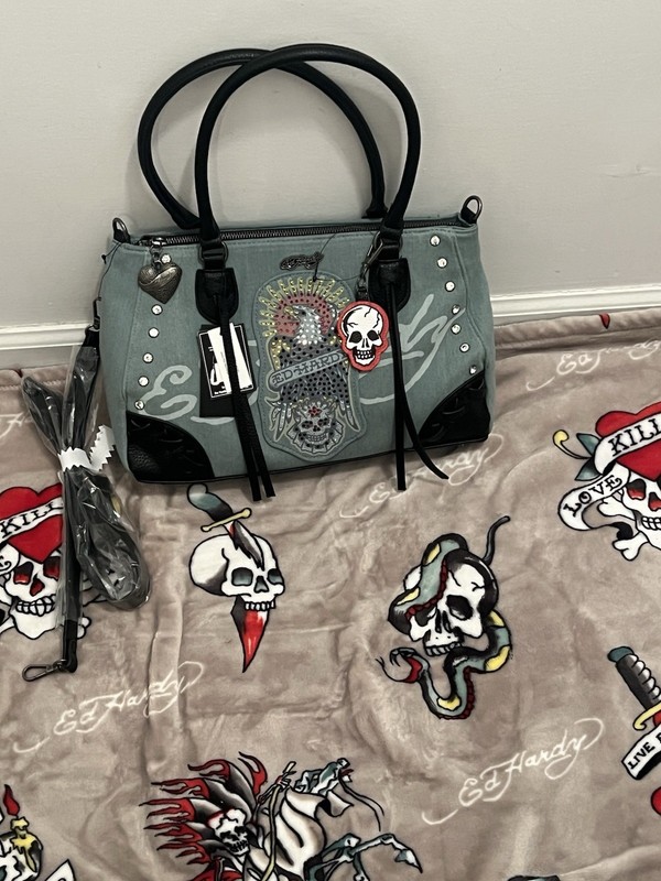 ED HARDY MultiCOLOR Skull EAGLE Rhinestone LOGO Blue DENIM Shoulder TOTE Bag NWT