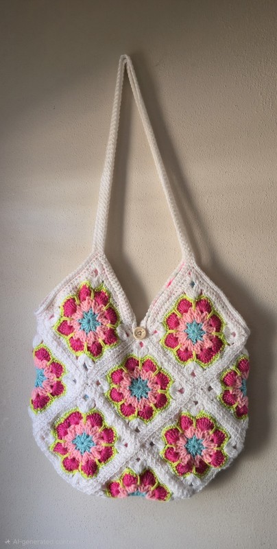 Preppy Pink Crochet Granny Square Shoulder Bag Lined With Pocket and Coinpurse