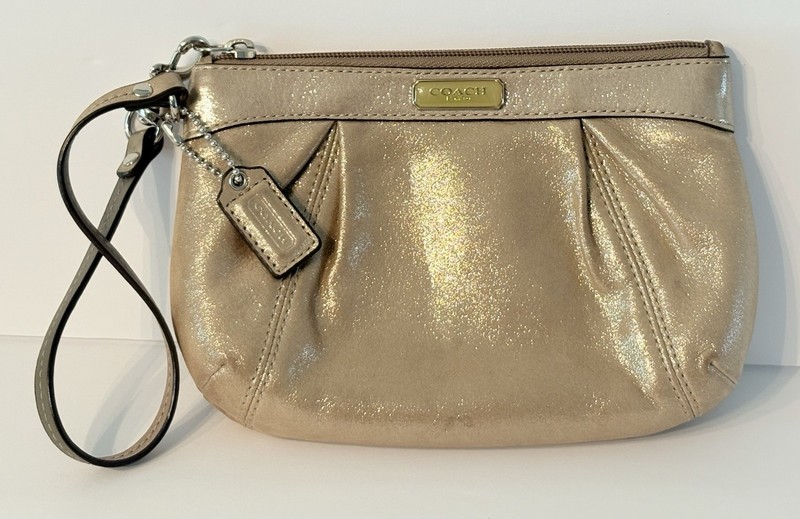 Coach Metallic Gold Pleated Wristlet Bag Small Rectangle Zipper Inner Pocket
