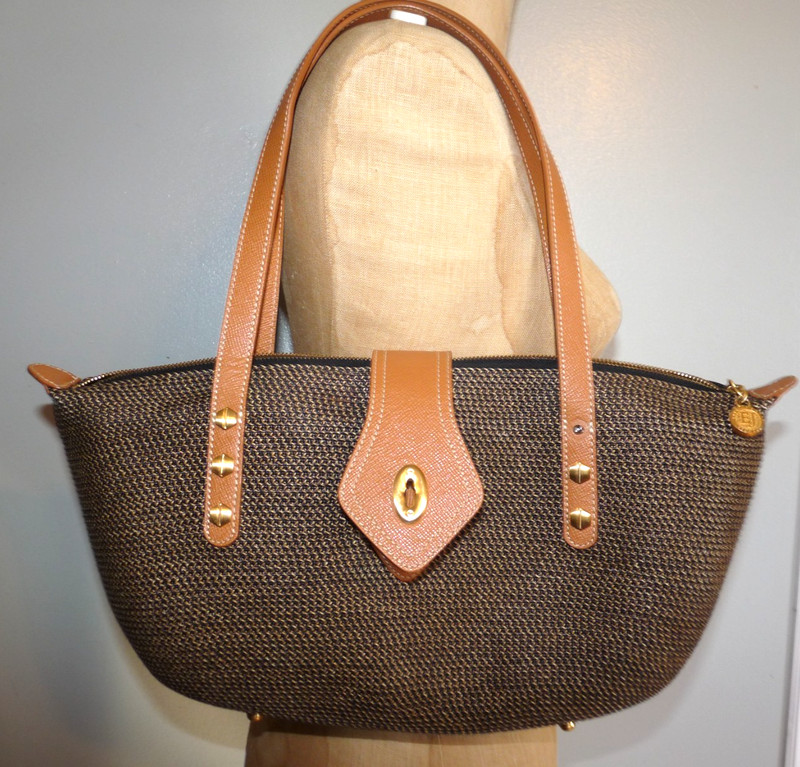 Eric Javits Squishee Black &Tan Straw Shoulder Bag Handbag - 14" x 7" & Mirror gallery