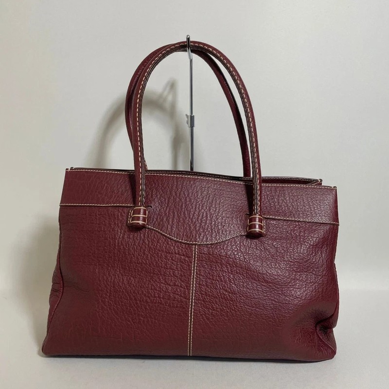 TOD’S Hand Bag Tote Purse Logo Leather Bordeaux Authentic