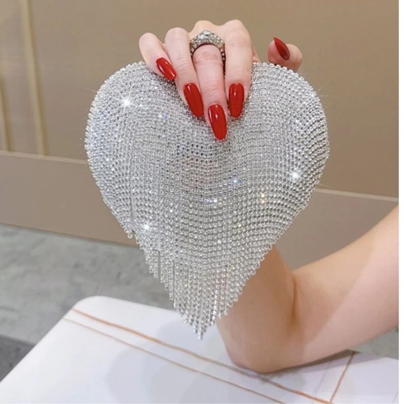 Heart Rhinestone Clutch Bag Women Evening Purse Tassel Handbag Gold Silver gallery