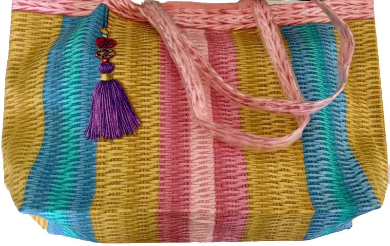 Colorful Striped Lightweight Beach Bag w/Handles (Purple Tassel Print) 20x12x5