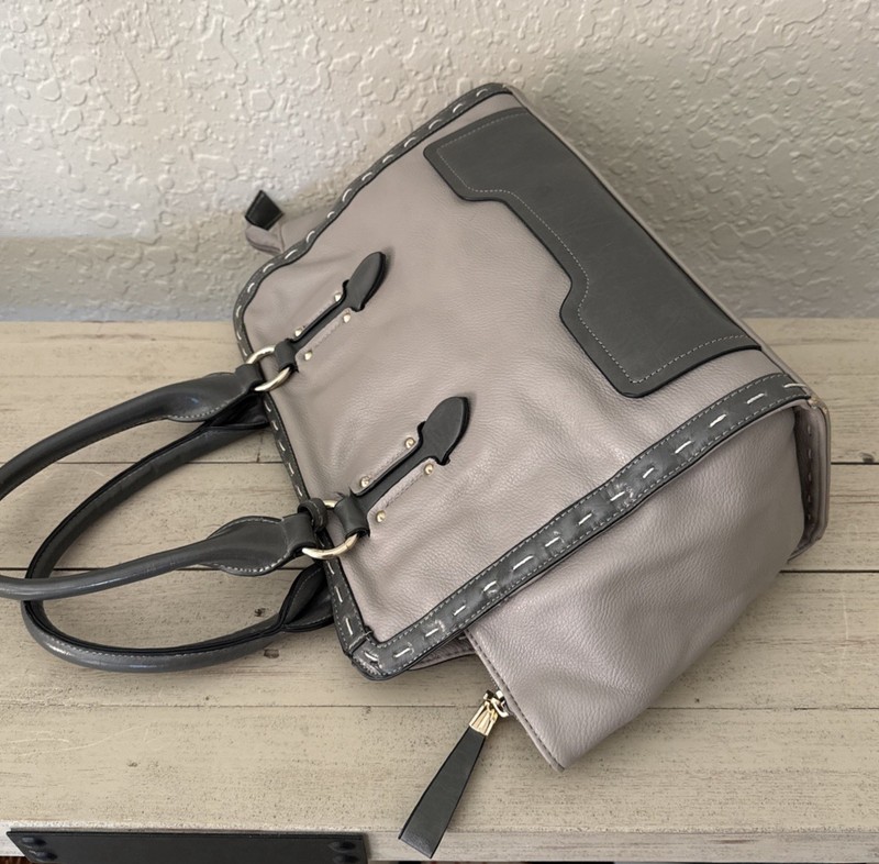 Structured Taupe & Brown Tote Satchel Faux Leather Multi Pocket Work Bag gallery