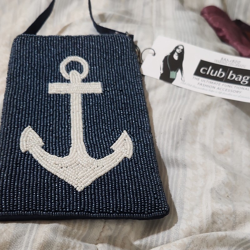 Bamboo Trading Company Small Navy/White Beaded Anchor Crossbody Zip Lined