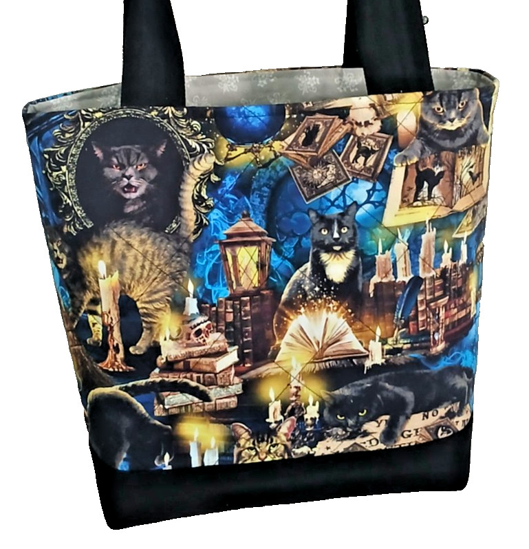 New Handmade Quilted Open Tote Bag, Wicca Cat, Magic Kitty, Cat Lovers Purse