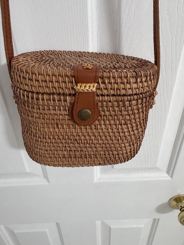 Woven Rattan Box Purse Crossbody Bag Leather Strap Blue Stripe Lining Boho Bali
