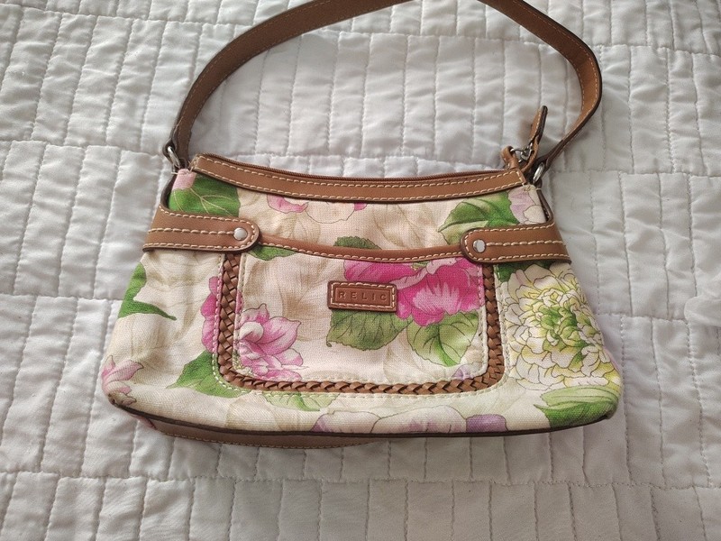 Relic Peony Shoulder Bag – Pink Floral Shoulder Bag With Brown Leather Trim