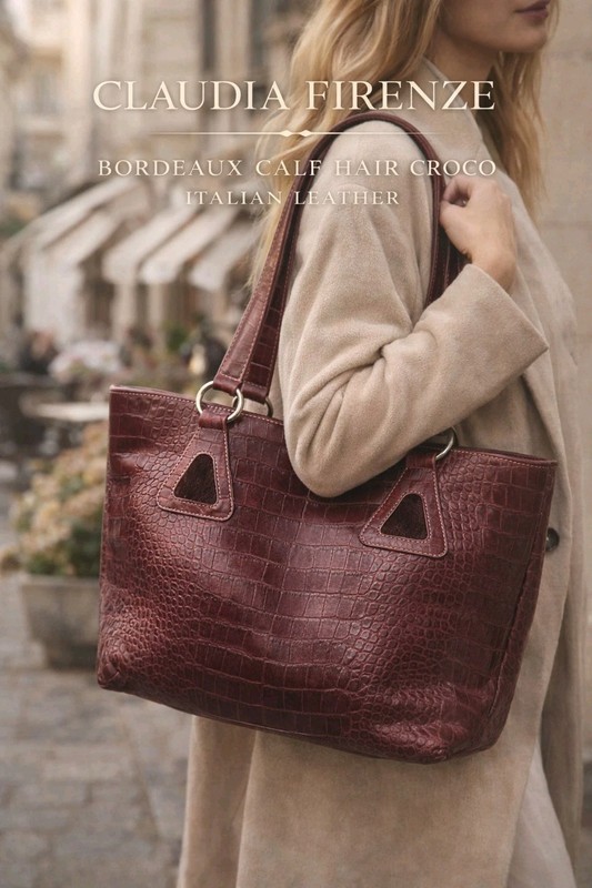 CLAUDIA FIRENZE Bordeaux Red Croc Embossed Italian Leather & Calf Hair Tote Bag
