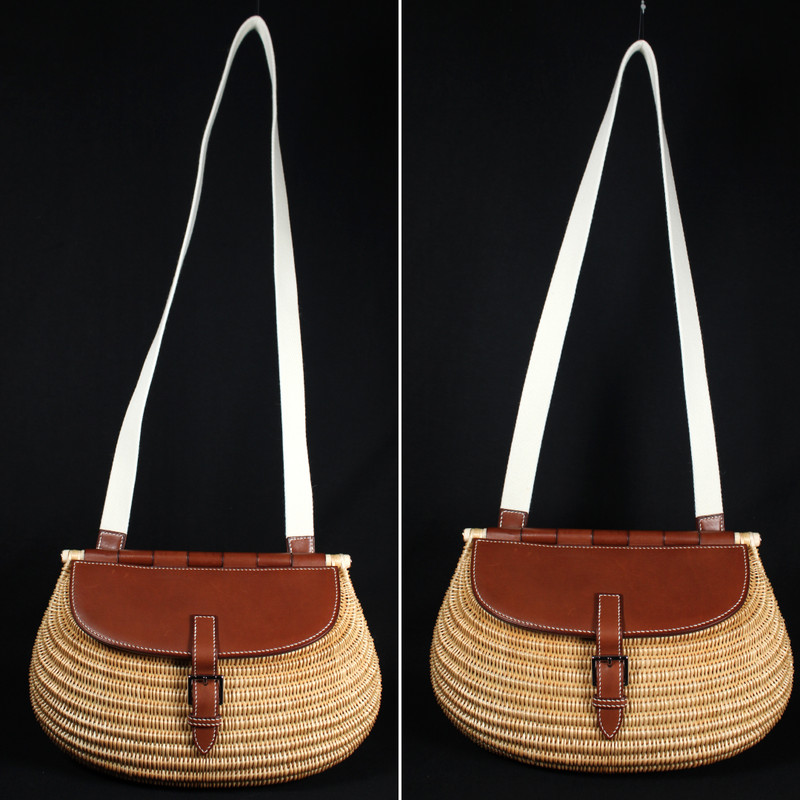 HERMES Fauve Veau Barenia Leather & Osier Wicker FISHING BOX Shoulder Bag PHW gallery
