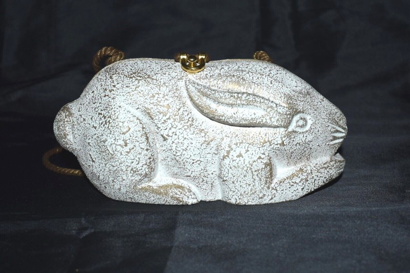 RARE Vintage TIMMY WOODS Beverly Hills Hand Carved Wood Bunny Mini Purse