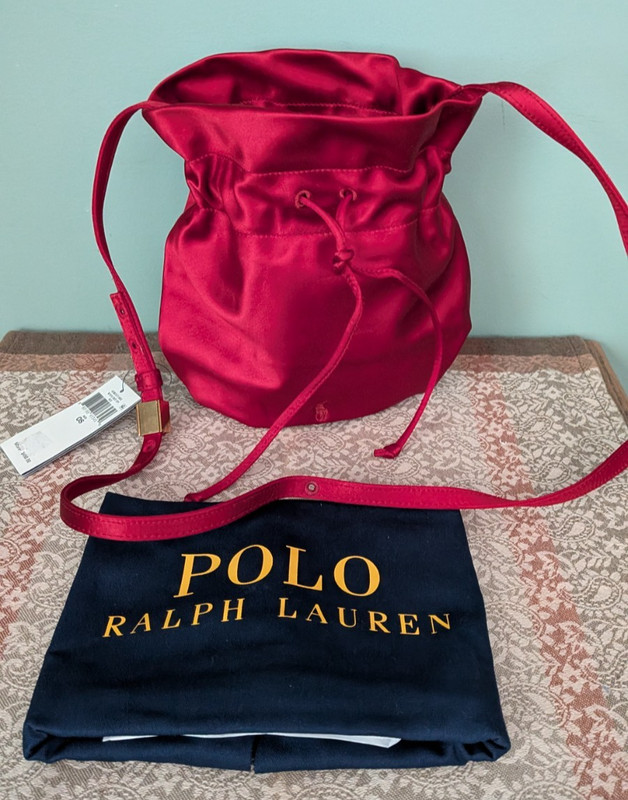 NWT Polo Ralph Lauren The Pony Pouch Red Satin Drawstring Crossbody Bag