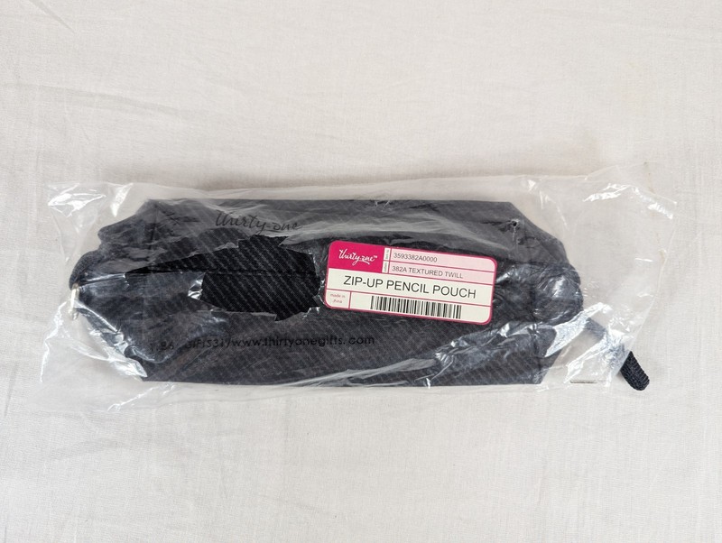 Thirty One Zip Up Pencil Case Pouch Textured Twill Black Gray Stripe NEW NIP gallery