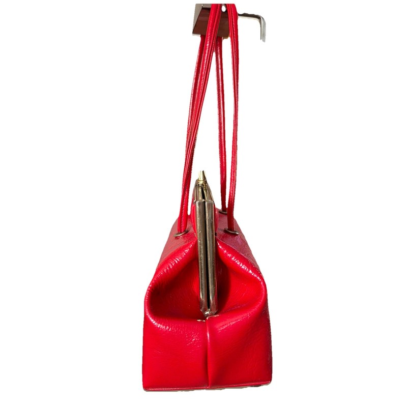 Double Handle Kiss Closure Textured Vinyl 1950s Bright Red Purse Handbag gallery