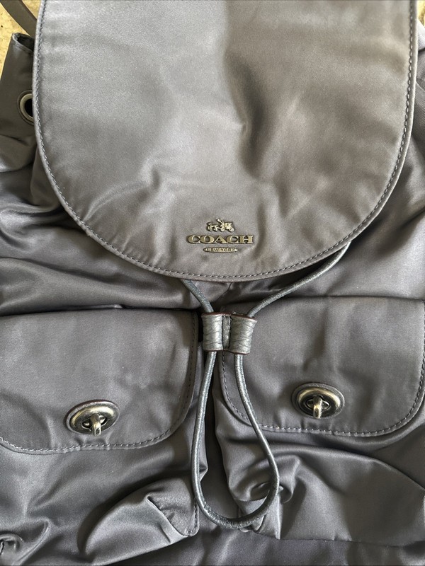 Coach Dark Gray Billie Nylon Pebble Leather Backpack Turn Lock Retails for $375 gallery