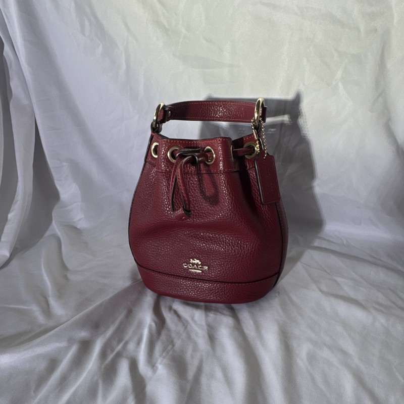 Coach Burgundy Drawstring Bucket Bag, Gold Hardware, Lined, Bag Charm