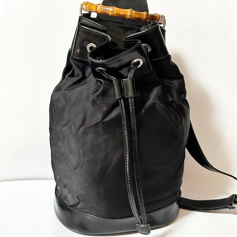 Gucci Bamboo Canvas Shoulder Bag Backpack Black Leather Used