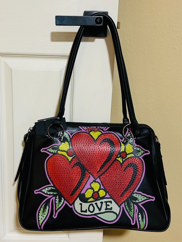 ED HARDY Black HEARTS Rhinestone LOVE Tattoo LOGO Shoulder SATCHEL Tote BAG NWT
