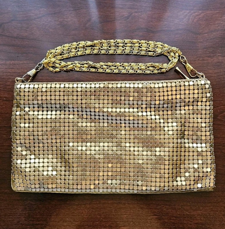 Britney Spears Gold Mesh Evening Purse Handbag Elizabeth Arden Long Strap 8.5″