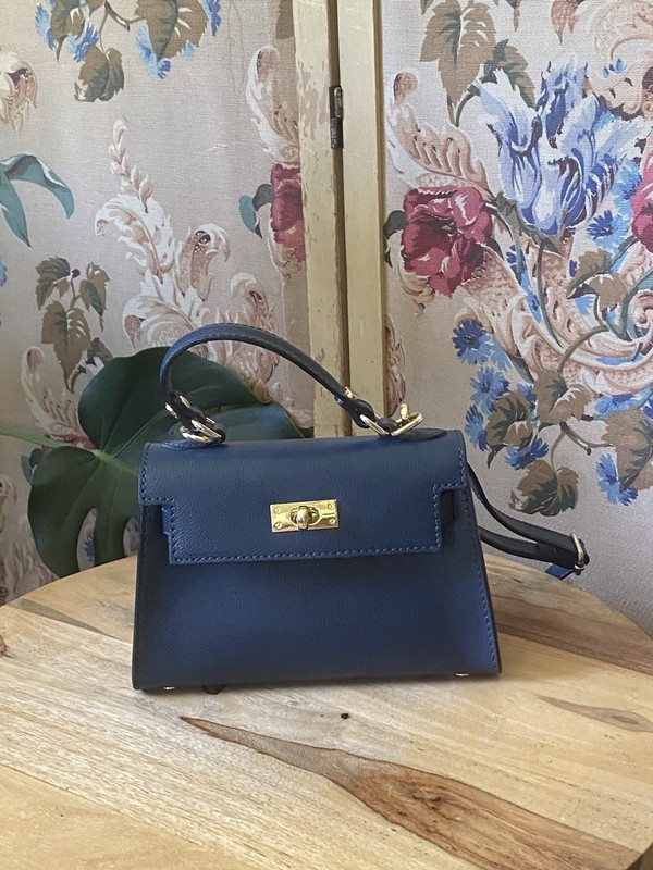 Leather Structured Mini Top Handle Purse Shoulder Strap Italy Navy Blue 2way Bag gallery