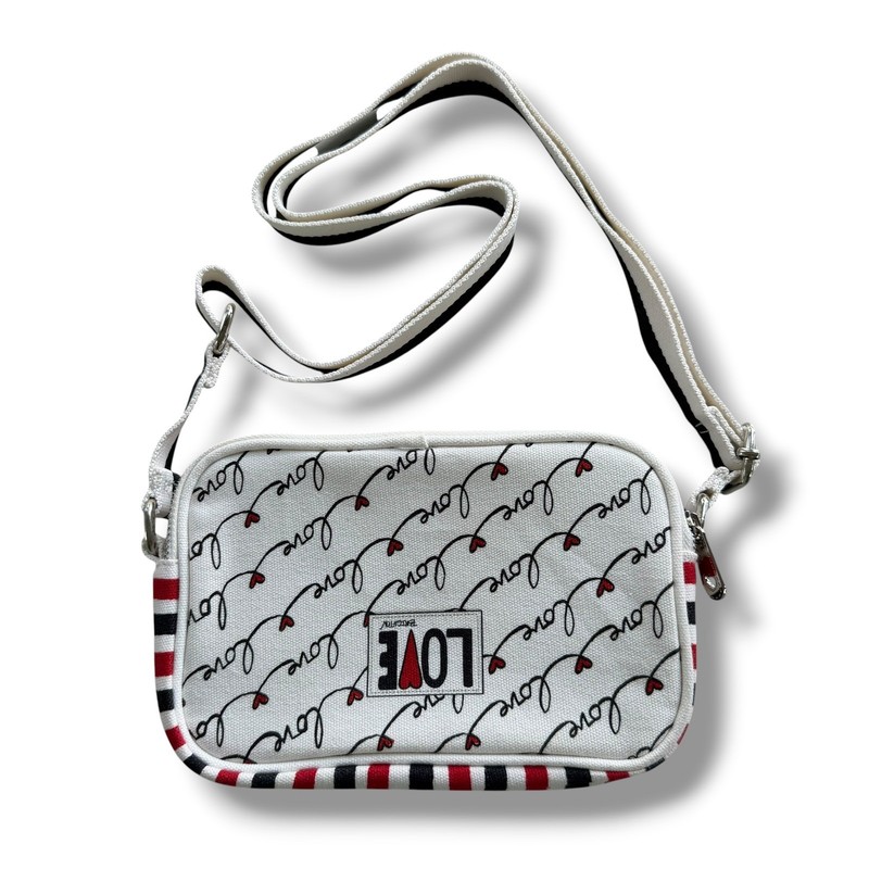 Brighton Love Scroll White Red Black Heart Canvas Crossbody Bag D30288 FLAW, New