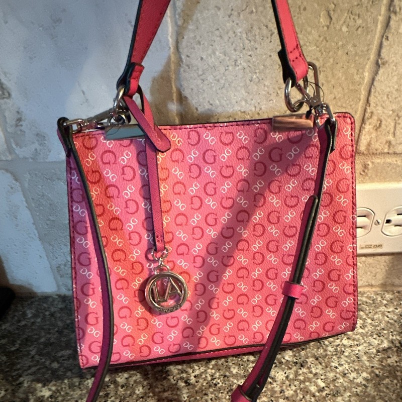 GUESS Pink Logo Monogram Small Crossbody Bag Adjustable Strap Zip Charm gallery
