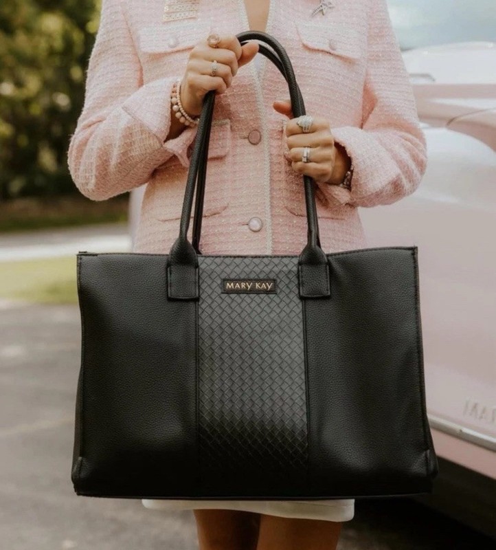 Mary Kay Travel Tote Bag Black Large Double Handles Pockets Pink Bow Interior