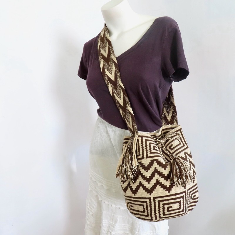 Mexican Womens Crossbody Bag Purse Tan Brown Woven Crochet Tassel Handmade Boho