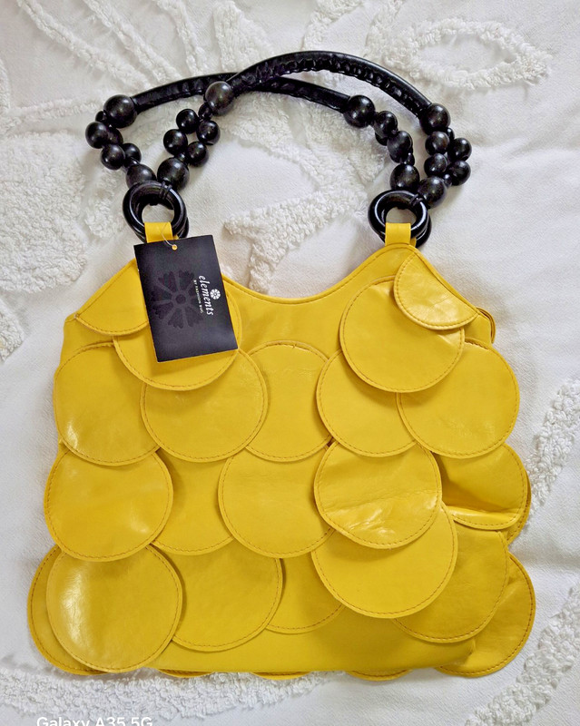 NWT Boho Purse Yellow Faux Leather Ruffle Circles Fishscale Wood Beads Handles