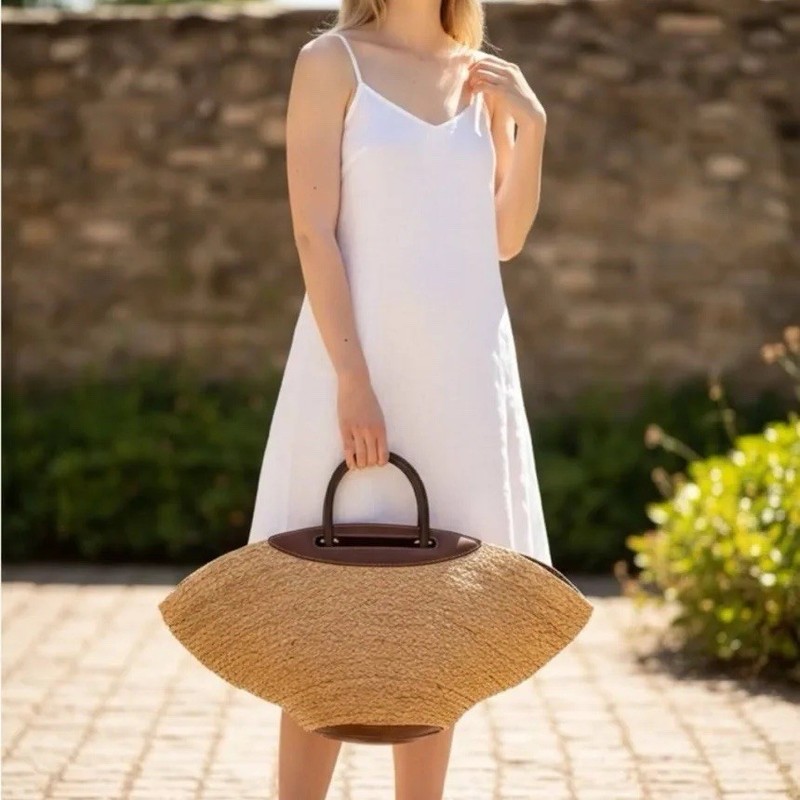 Cult Gaia Natural Straw Raffia Tote Bag Brown Leather/Wood Top Handle Logo
