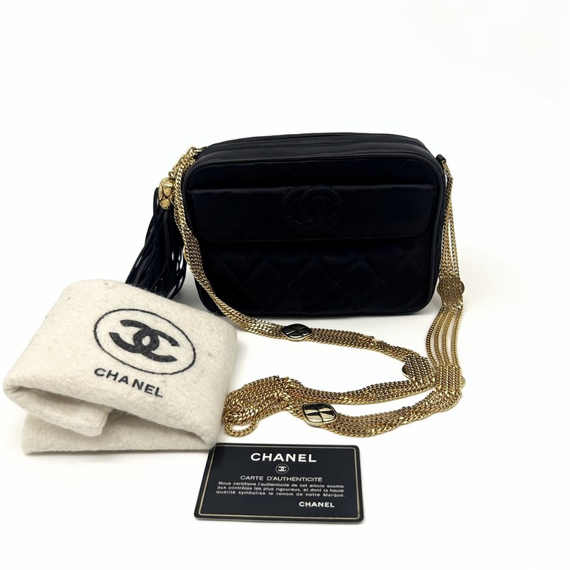 Chanel black gold satin diamond grid gilded tassel chain crossbody bag Used