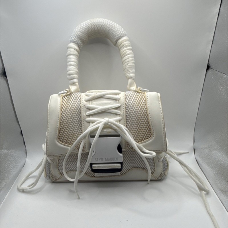 Steve Madden Mesh Lace-Up Top Handle Bag Ivory White Buckle Accent Small