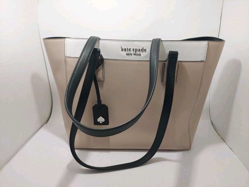 Kate Spade Cameron Colorblock Leather Ivory Beige Laptop Tote Bag EUC