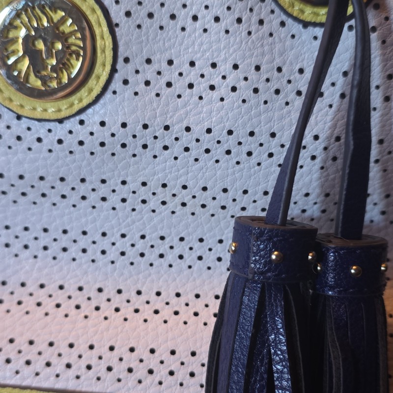 Anne Klein Purse White & Yellow With Blue Tassels & Polka Dot Interior VERY NICE