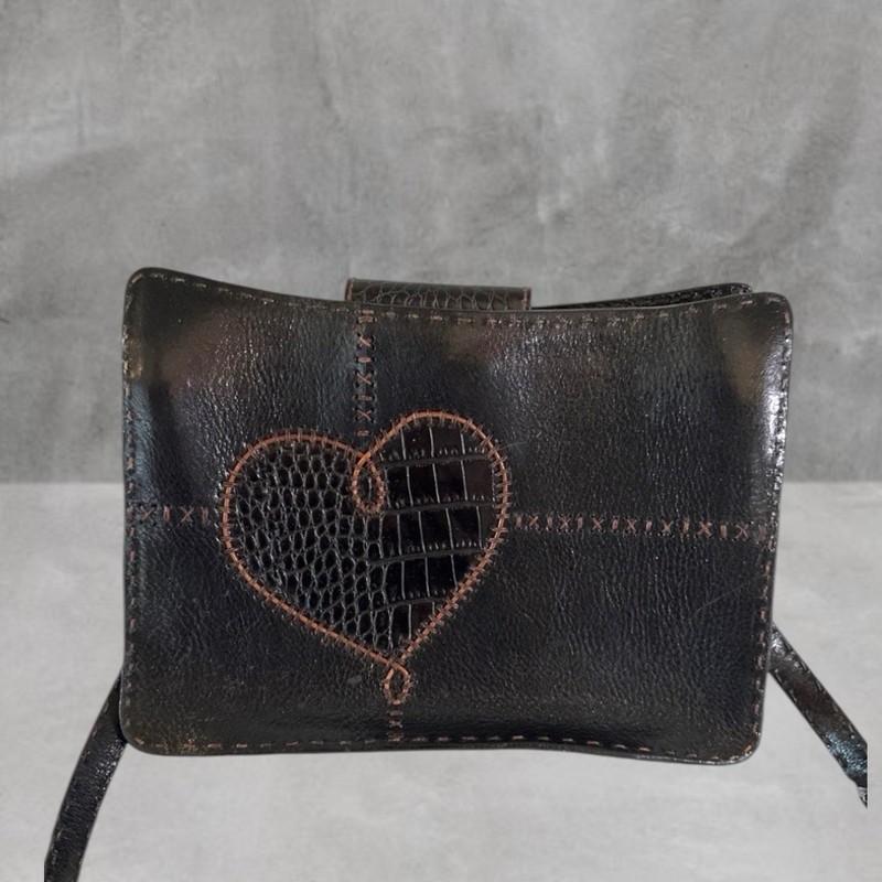 Brighton Black Leather Purse with Brown Stitching Heart Accent Shoulder Strap
