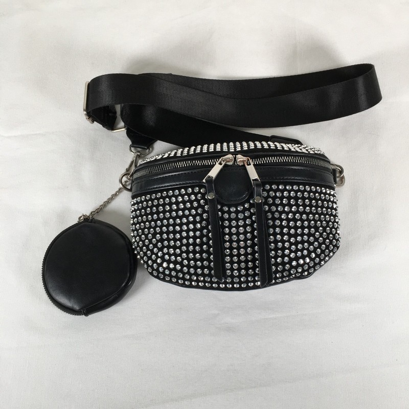 Black Rhinestone Studded Small Crossbody Bag w/Coin Purse Faux Leather