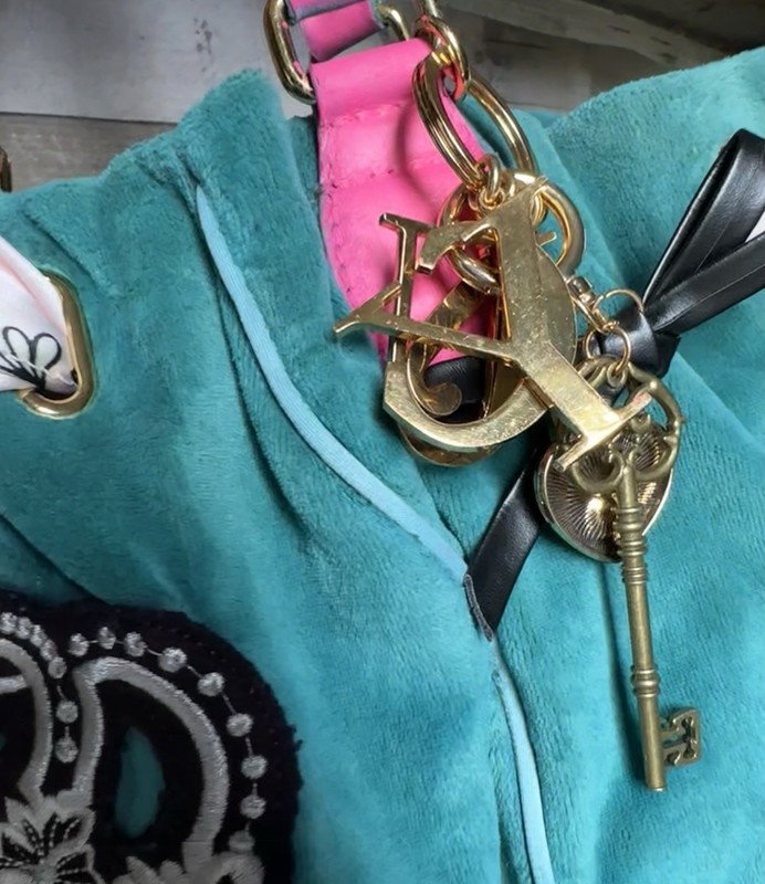 Juicy Couture Vintage Green And Pink Tote Shoulder Bag Polka Dot Scarf Bag Charm gallery