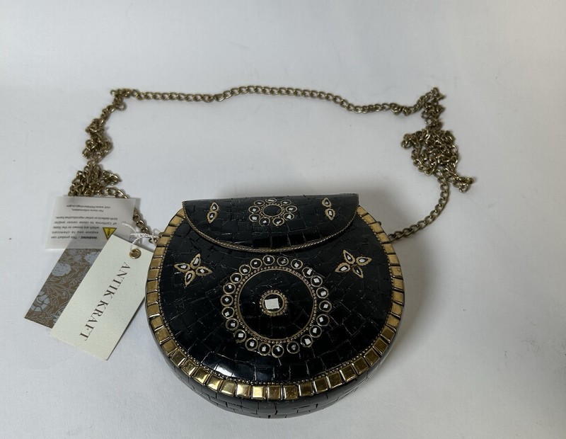 NWT NEW Antik Kraft Black Mosaic Tile Metal Clutch/Crossbody Removable Chain