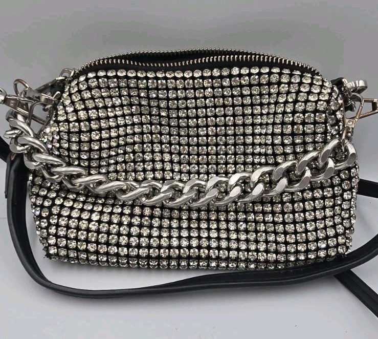 ALDO Womens Rhinestone Evening Purse Small Crystal Clutch Silver Chain Crossbody