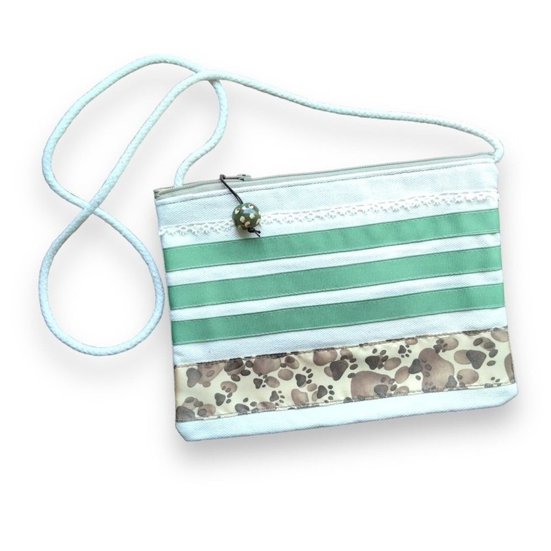 Green Stripe Makeup Bag Storage Pouch Zippered Mini Purse NEW