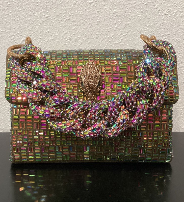 Kurt Geiger Mini Kensington 2 Chains Iridescent Crystals Metallic Fabric 8"x5.5" gallery